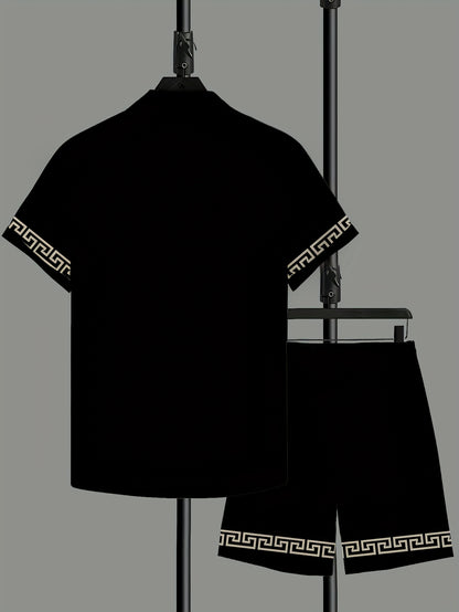 Men's Casual Summer Shirt Set, Elegant Black Silvery-Edge Pattern 3D Print, Loose Lapel Short Sleeve Shirt and Drawstring Shorts 2pcs