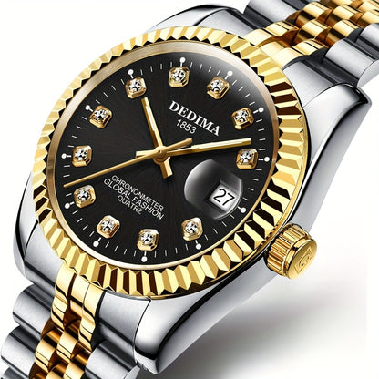 DEDIMA Elegant Stainless Steel Band Calendar Watch, Quartz Movement, Round Dial with Rhinestones, Battery-Powered, Non-Rechargeable Button Battery, Regular Cleaning, for Men, Women, Students, Christmas, Valentine'S Day, Thank