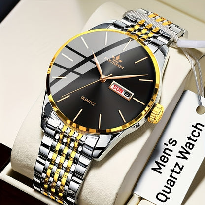 An Ideal Choice For A New FOURRON Brand Men's Luxury Stainless Steel Strap Simple Dial Quartz Watch With Date Calendar, Trendy Fashion Sports Casual Lifestyle Travel Multi-function Watch, Ideal For Friends' Birthdays, Holiday