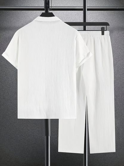 2pcs Men'S Casual Summer Set - Short Sleeve Button-Up Cuban Collar Shirt and Drawstring Waist Pants, Polyester Blend, Solid Color, Regular Fit, Breathable Fabric, Lightweight for Daily Wear