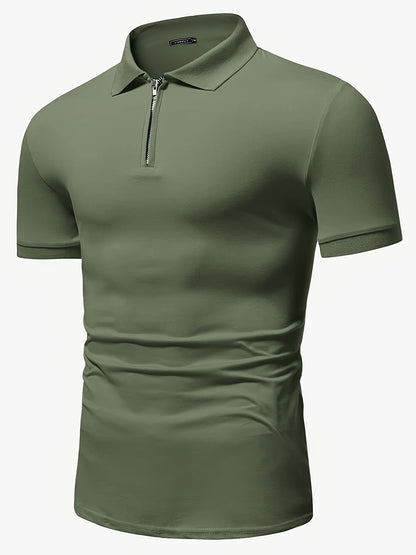 Casual Stretch Men's Solid Color Zipper Lapel Golf Shirt, Male Summer Streetwear