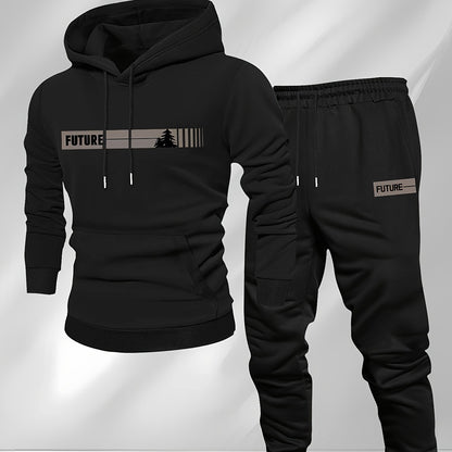 New Autumn and Winter Men's Fleece-Lined Hooded Sweatshirt Set with Print, Long-Sleeve Hoodie and Drawstring Pants for Couples
