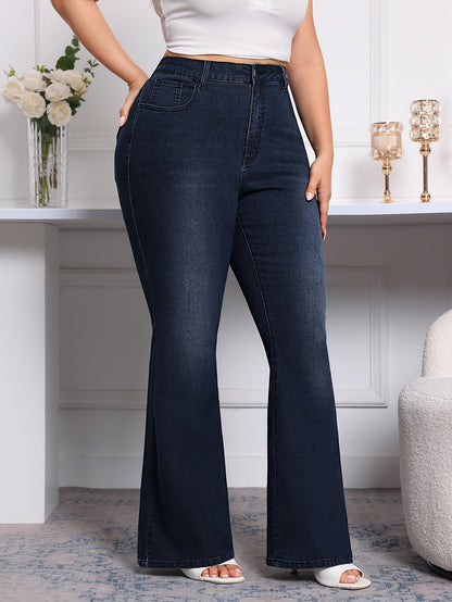 Plus Size Flare Leg Plain Washed Casual Style Zipper Button Closure Denim Pants, Women's Denim Jeans & Clothing