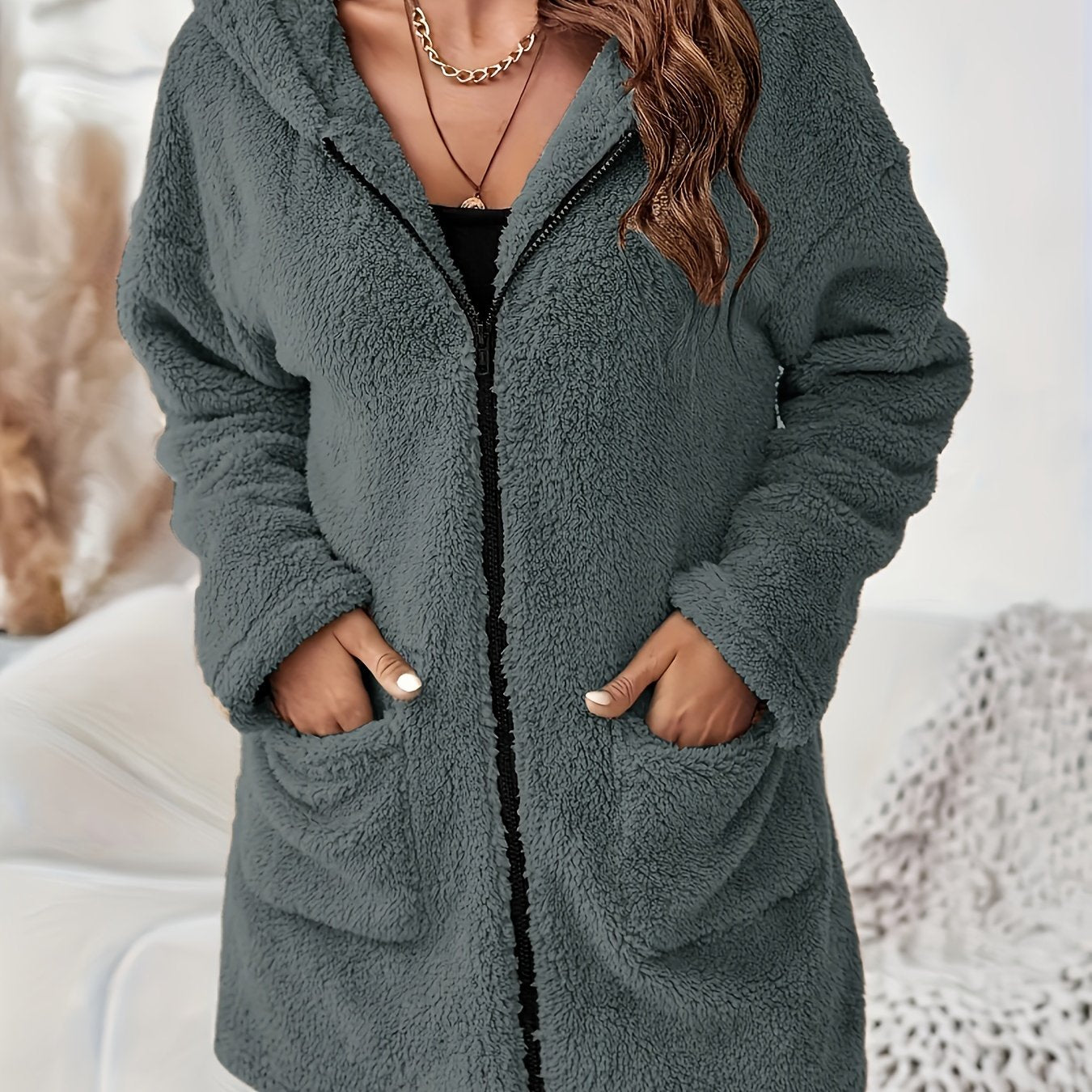 Women's Winter Elegant Solid Color Zipper Patch Pocket Long Sleeve Plush Hooded Coat