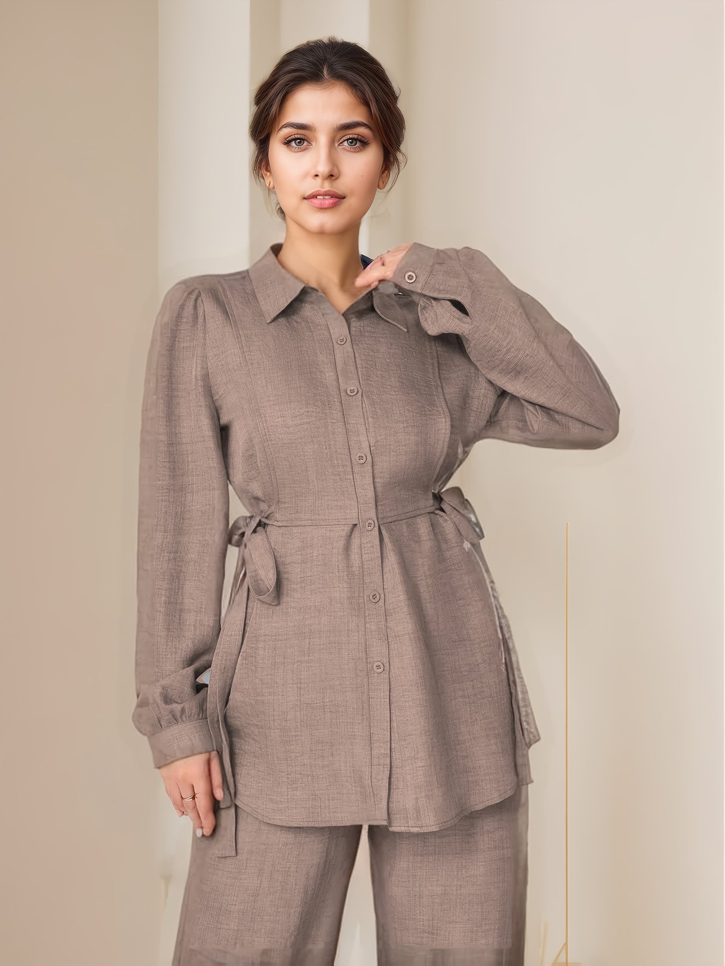 Two-Piece Abaya Set with Wide-Leg Pants, Long Sleeve Design with Back Tie, Suitable for Office and Daily Wear, Soft and Stretchable Fabric, Elegant Middle Eastern Style, Comfortable, Machine Washable, Practical and Stylish