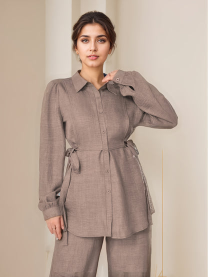 Two-Piece Abaya Set with Wide-Leg Pants, Long Sleeve Design with Back Tie, Suitable for Office and Daily Wear, Soft and Stretchable Fabric, Elegant Middle Eastern Style, Comfortable, Machine Washable, Practical and Stylish