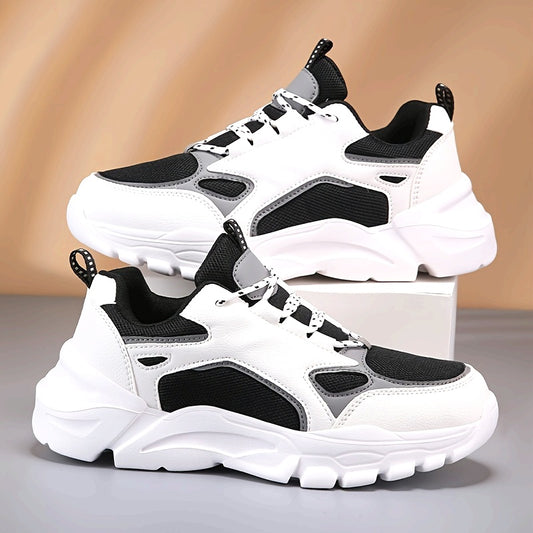 Men's Casual Athletic Sneakers, Lightweight Breathable Lace-Up EVA Sole Low-Top Sneakers, Black & White Color Block