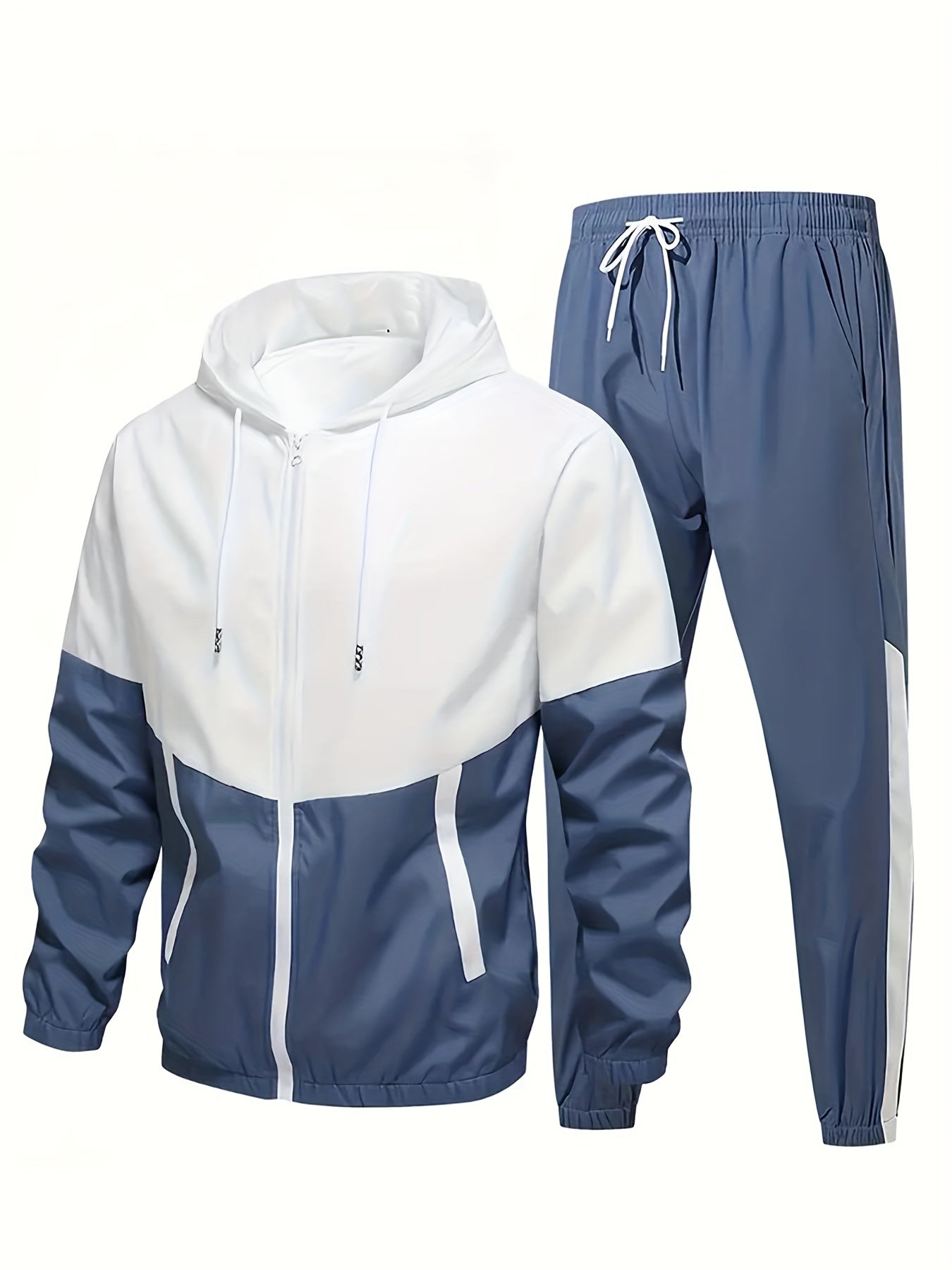 2pcs Men's Hooded Tracksuit - Lightweight Polyester Active Wear Set For Spring/Autumn With Pockets, Long Sleeve Jacket And Jogger Pants
