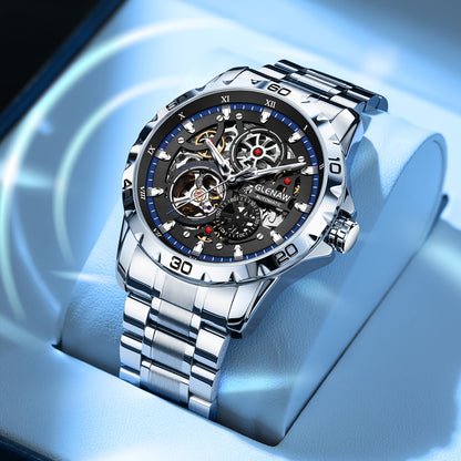GLENAW Men's Automatic Skeleton Watch - Self-Winding Mechanical Watch with Flywheel Rotation, Transparent dial, Date Display, Stainless Steel Band - No Battery Needed, Wristwatch for Everyday & Formal Events - Ideal Gift for