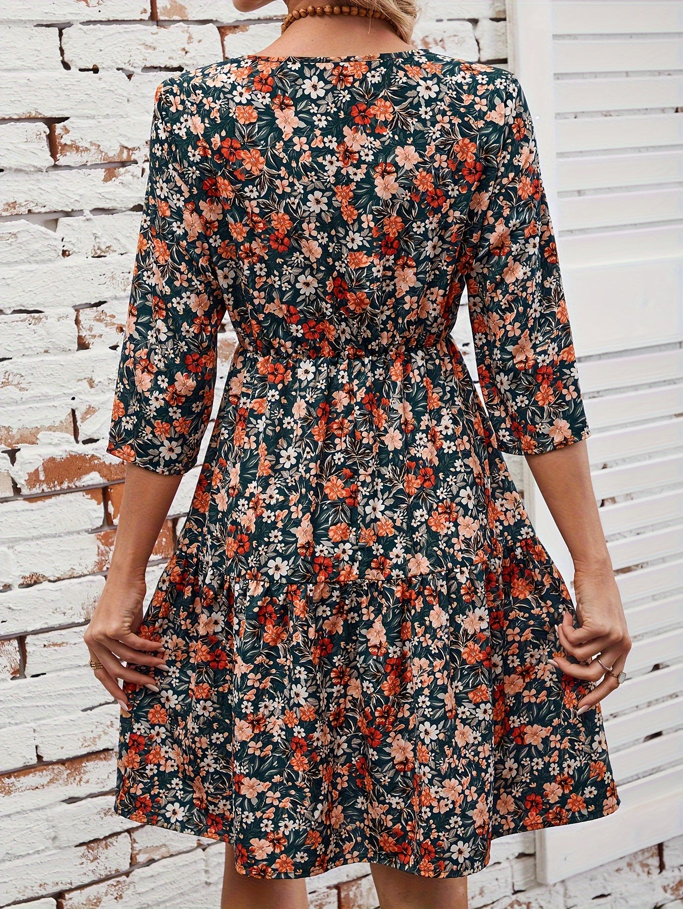 Elegant Floral Print Midi Dress for Women - Crew Neck, 3/4 Sleeve, A-Line with Ruffle Hem, Machine Washable - Perfect for Fall, for Autumn, Spring