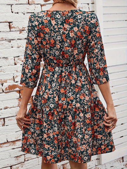 Elegant Floral Print Midi Dress for Women - Crew Neck, 3/4 Sleeve, A-Line with Ruffle Hem, Machine Washable - Perfect for Fall, for Autumn, Spring