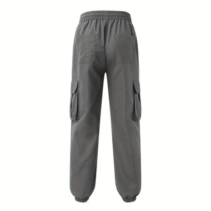 Men'S Fashion Cargo Pants, 100% Polyester Woven Fabric, All-Season Loose Fit with Drawstring Waist, Multi-Pocket Design, Solid Color, Mid Waist, Regular Length, Non-Stretch, Casual Joggers for Weekend - 160g/m²