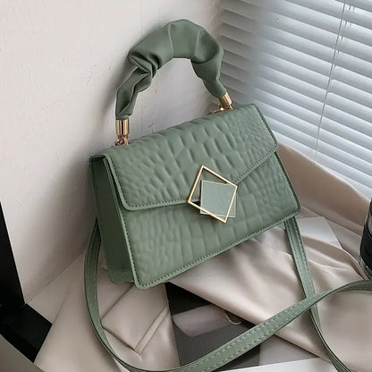 Fashion Embossed Crossbody Bag with Pleated Handle - Women'S Solid Color Stylish Shoulder Bag, Plain Crossbody Bag with Pleated Handle, Small Square Bag in Stone Pattern.