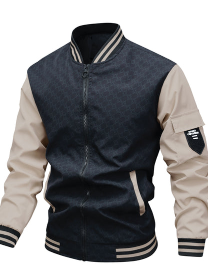 Men'S Lightweight Geometric Pattern Bomber Jacket - Casual Long Sleeve Zip-Up with Pockets, White & Gray, Polyester Lining, Perfect for Fall, Autumn Jacket