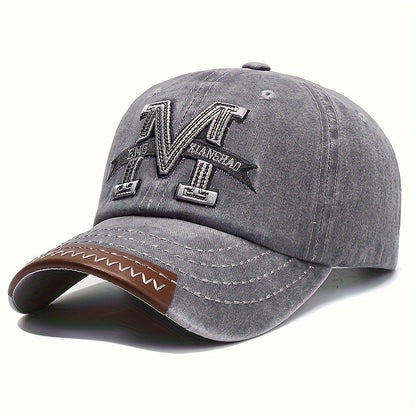 1pc Vintage Washed Cotton Baseball Cap with Embroidered Letter "M" - Adjustable Snapback, Lightweight Sun Hat for Men & Women, Black with Brown Band, Adjustable Baseball Cap