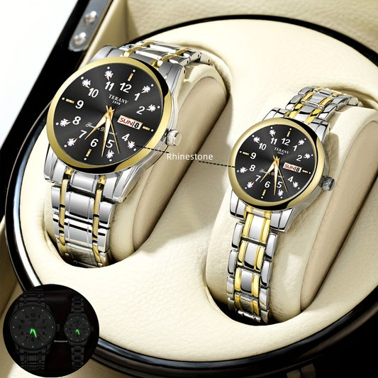Two Stylish Digital Round Dial Couple'S Quartz Watches - IPX7 Waterproof, Luminous, Dual Calendar, Date and Day/Week Display, Alloy Strap Business Watches, Suitable for Women and Men, Valentine'S Day Gift Wristwatches