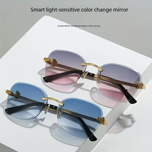 1 Pair Photochromic Square Fashion Glasses with PC Lenses & Golden-Tone Metal Frame - Transition Photochromic Lens Glasses, Rimless Design, Ideal for Trendy Men & Women, Perfect for Daily Wear & Gifting, Fashion Glasses|Squar