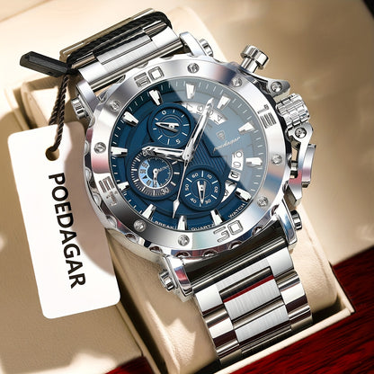 POEDAGAR Men'S Luxury Stainless Steel Business Watch with Date Display, 3ATM Blue Dial, Rotating Bezel, Alloy Case, Quartz Movement - Elegant Formal Accessory, Formal Accessory|Luxurious Watch|Quartz Movement Watch
