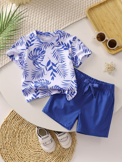 Boys' Tropical Leaf Print Cotton Blend Casual Outfit - Short Sleeve Tee & Drawstring Shorts Set, Machine Washable for Spring/Summer, Perfect for Outdoor