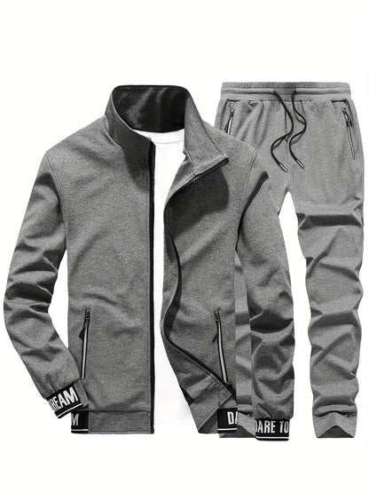 Men'S Casual Sportswear Set - Beige Zip-Up Jacket & Joggers with "DARE TO BE" Print, Long Sleeve, Pockets, and Drawstring Waist, Perfect for Running and Leisure Activities, Spring/Fall Collection, Spring Fall Attire | Zipup J