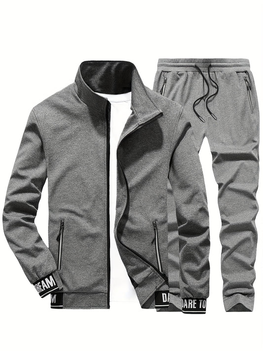 Men'S Casual Sportswear Set - Beige Zip-Up Jacket & Joggers with "DARE TO BE" Print, Long Sleeve, Pockets, and Drawstring Waist, Perfect for Running and Leisure Activities, Spring/Fall Collection, Spring Fall Attire | Zipup J