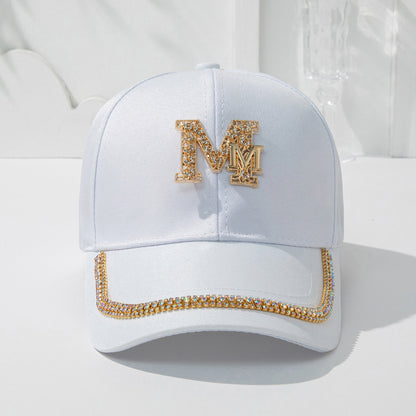Women's Fashion Patch Baseball Cap With Metallic "M" Initial, Rhinestone Accents, Adjustable Snapback Cps, Wide Brim Sun Hats