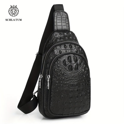 SCHLATUM Genuine Leather Crocodile Pattern Sling Bag - Black, Large-Capacity Multifunctional Crossbody Backpack for Travel, Sports & Camping, Stylish Zipper Closure Design