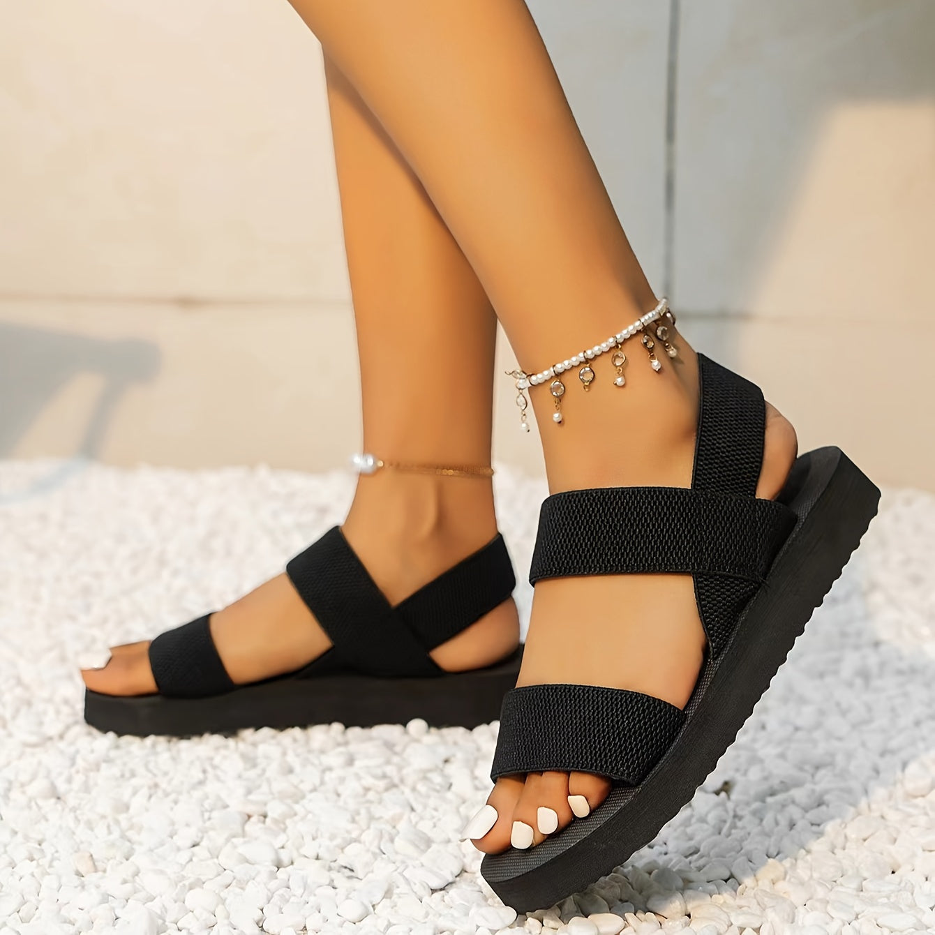 Women's Elastic Strap Slip On Shoes, Lightweight Open Toe Slip On Shoes, Comfy Outdoor Beach Vacation Sandals