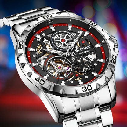 GLENAW Men's Automatic Skeleton Watch - Self-Winding Mechanical Watch with Flywheel Rotation, Transparent dial, Date Display, Stainless Steel Band - No Battery Needed, Wristwatch for Everyday & Formal Events - Ideal Gift for