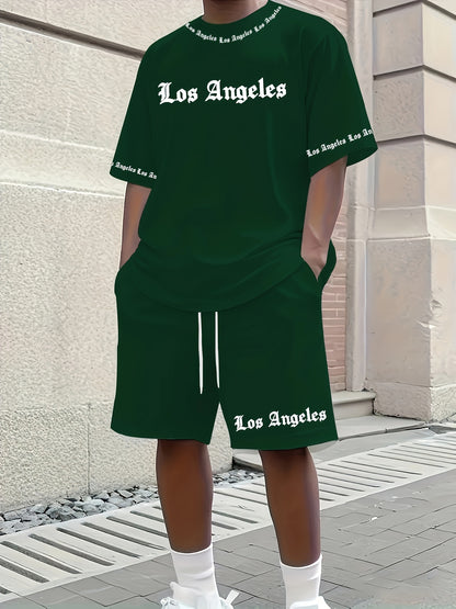 Men'S Los Angeles Graphic Print Casual Sportswear Set - Breathable Summer Short Sleeve T-Shirt & Drawstring Shorts with Pockets, Regular Fit, Crew Neck, Comfortable & Stylish for Casual Attire, Leisure Clothing | Trendy Sport