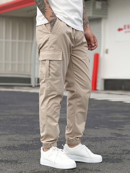 1pc Men'S Casual Polyester Cargo Pants - Mid Waist Elastic Joggers with Multiple Pockets, Non-Stretch Solid Color, Regular Fit for Weekend Wear - Spring/Fall Fashion Trousers