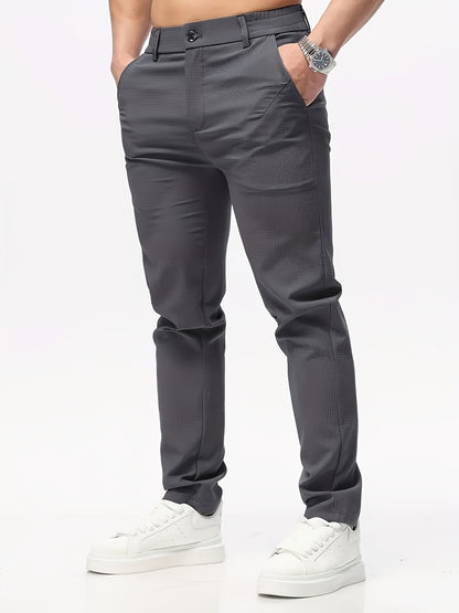 Men's Casual Solid Color Pants - Polyester, Machine Washable, Button Detail, Regular Fit for All Seasons