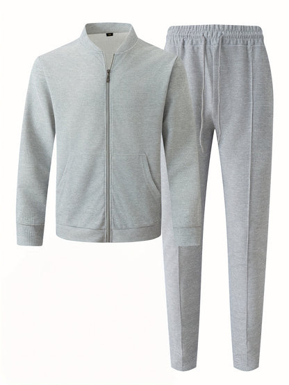 Baseball Collar Jacket and Pants Set in Waffle Fabric
