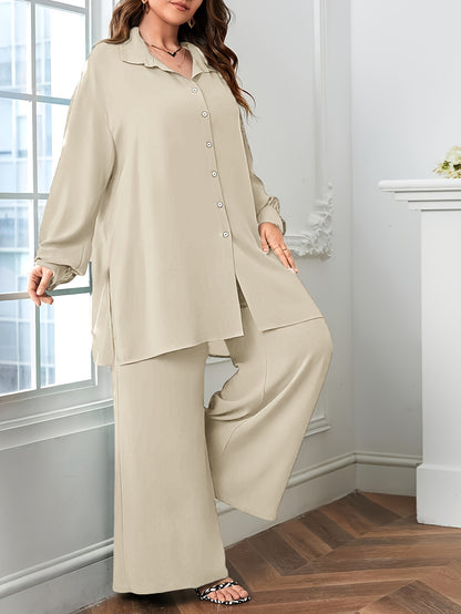 Elegant Plus Size Women'S Two-Piece Set: Stylish V-Neck Blouse & Wide Leg Pants - Perfect for Formal Occasions, Plus Size Blouses