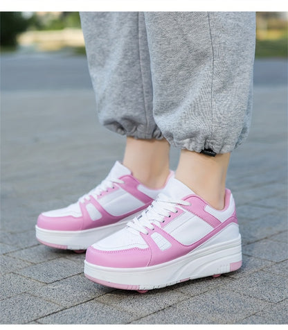 Kids Unisex Skateboard Shoes, 8-Wheel Removable Roller Skates, Plaid Fabric Low Top Sneakers, Lace-Up, TPR Sole, Fabric Insole, for Hiking & Casual Wear, Suitable for Boys & Girls Ages 14 and Under, All-Season