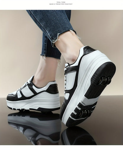 Boys' Fashion Roller Skate Footwear - Non-Slip Dual Wheel, Lace-Up with Durable Buckle Straps, Black & White, Suitable for All Seasons