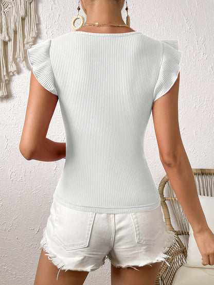 Women'S Elegant Ruffle Square Neck T-Shirt, Solid Color Knit Polyester Top, Medium Stretch Skinny Fit, Regular Length Casual Tee for Spring/Summer