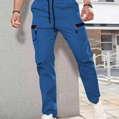 1pc Men'S Fashion Casual Cargo Pants, Solid Color Polyester Non-Stretch Fabric, All-Season Regular Fit with Multiple Pockets, Woven Straight-Leg Trousers for Sports and Leisure