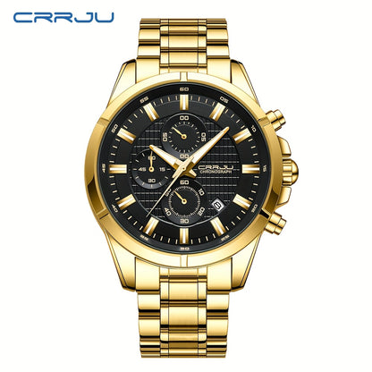 CRRJU Fashion Men's Watch, Business Solid Stainless Steel Multifunctional Chronograph Watch