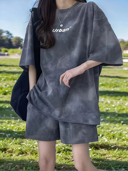 Letter Print Hong Kong Style Comfortable Casual Loose Short Sleeve Shorts Set, Summer Women's Fashionable Versatile Slimming Casual Running Sports Suit Two-Piece Couple Set, Large Size Women's Casual Sports Suit
