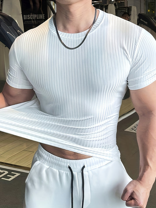 Shuleshui OBM Men's Slim Fit Ribbed Short Sleeve T-Shirt - Breathable Summer Workout & Casual Tee, Machine Washable, Solid Color Athletic Top for Gym Training & Outdoor Activities, Gym Clothes, Medium Elasticity