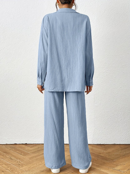 2pcs Women Spring & Autumn Casual Solid Color Long Sleeve Shirt And Pants Set