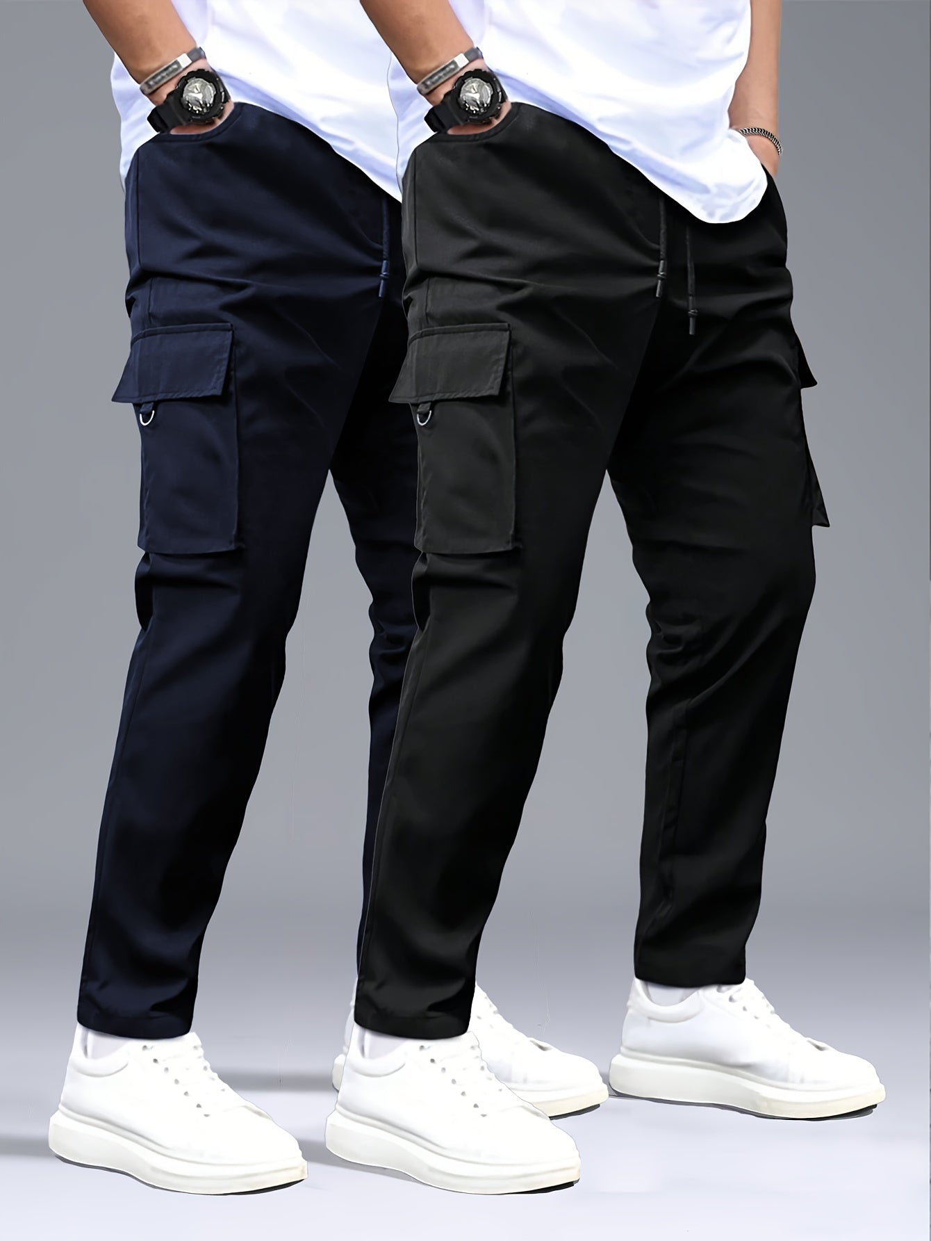 2pcs Men's Cargo Pants, Black & Gray with Drawstring Waist and Multiple Pockets, Durable Polyester, Ideal for Outdoor Activities and Casual Wear, Casual Wear Pants | Multiple Pocket Design | Durable Fabric Pants