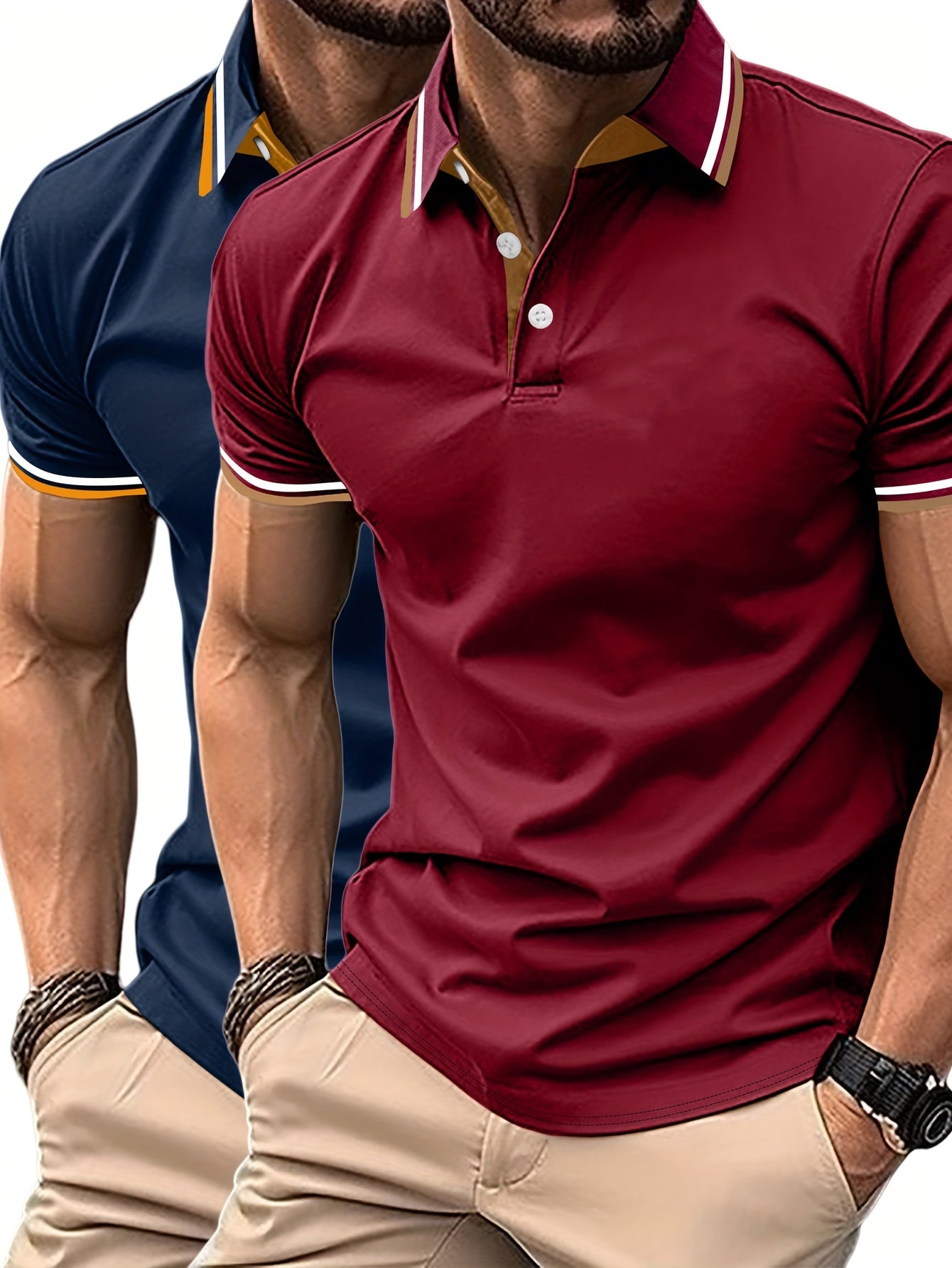 2pcs Men's Short-Sleeve Shirts with Contrast Collars - Lightweight Polyester, Pastel Blue & Pink, Turn- Collar, Button Closure, Regular Fit, Casual & Business-Casual Wear, Ideal for Summer or Gifting, Short Sleeve Tops