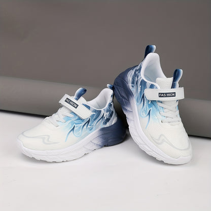 Youngsters' Low-Top Breathable Mesh Running Shoes with EVA Sole - Lightweight Comfortable Casual Outdoor Sneakers, White with Black Accents & Hook-and-Loop Closure for Boys and Girls, Kid Shoes, Youngsters Sports Footwear, St