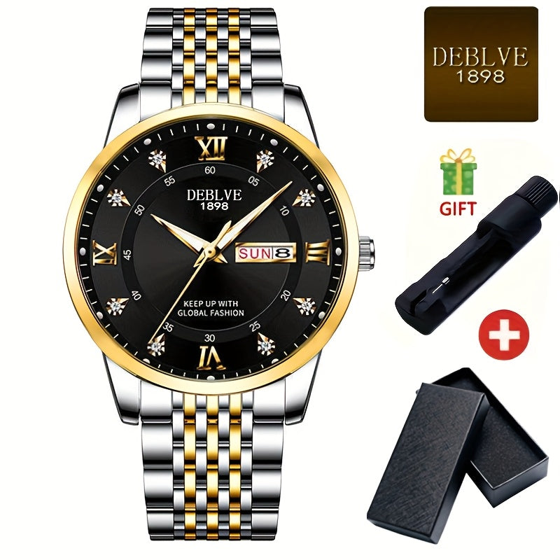 Elegant Men'S Stainless Steel Quartz Watch with Luminous Hands, Date Display & Week Indicator - Classic Design, Non-Waterproof, Battery Powered - Ideal Gift for Christmas, Halloween, Campus Related Events, Everyday Watch|Clas