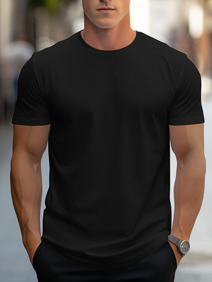 1pc Men's Spring Summer Casual Short Sleeve T-Shirt - Solid Black, Regular Fit Round Neck, Breathable Fabric for Gym, Outdoor & Casual Attire, Gym Shirts, Durable Casualwear, Smooth Texture