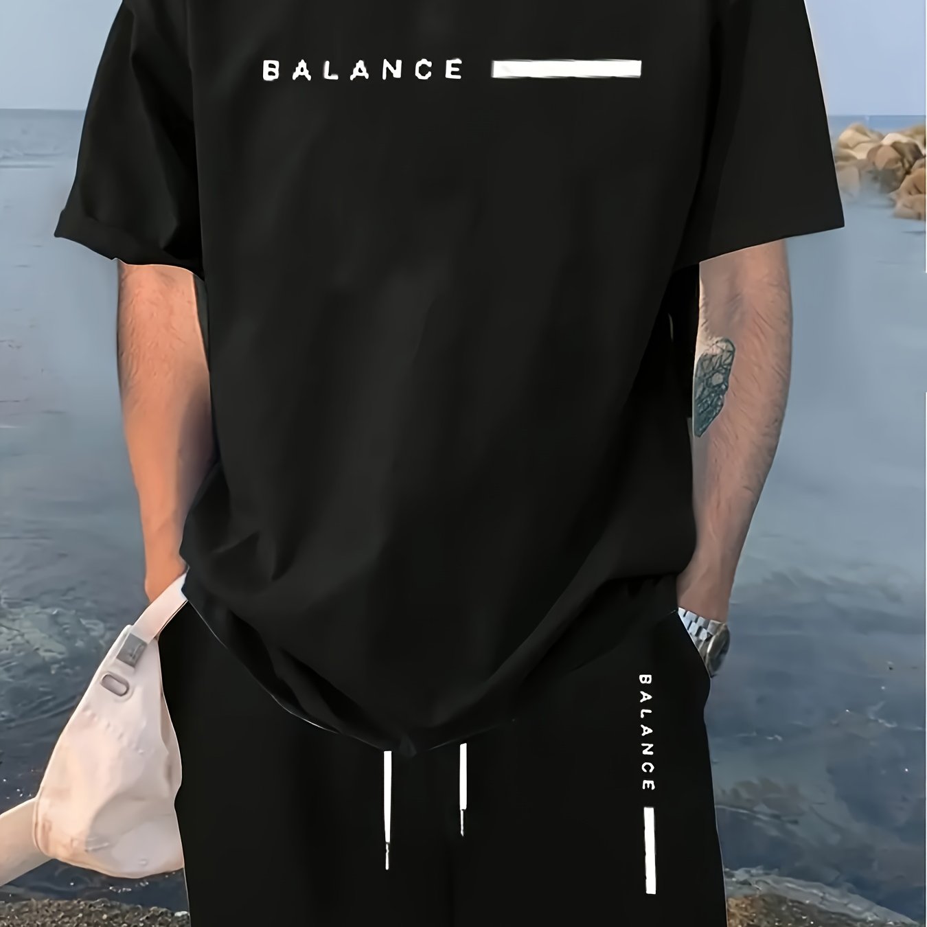 [2pcs Print Men'S Casual Sweatsuits] 2pcs Men'S Casual Sweatsuits, Polyester Crew Neck T-Shirt and Shorts Set, Comfortable Knit Fabric with Slight Stretch, with Print Design, for Summer Outfit Sets