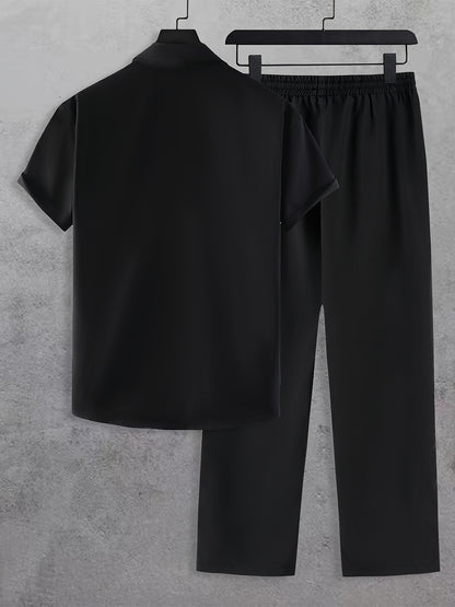 Men'S Casual Summer Crown Print Short Sleeve Button-Up Shirt & Pants Set - Black, Relaxed Fit, Non-Stretch Fabric, Lapel Collar, Stylish for Casual Attire, Casual Attire|Crown Print Design|Relaxed Fit Pants, Crown Shirt