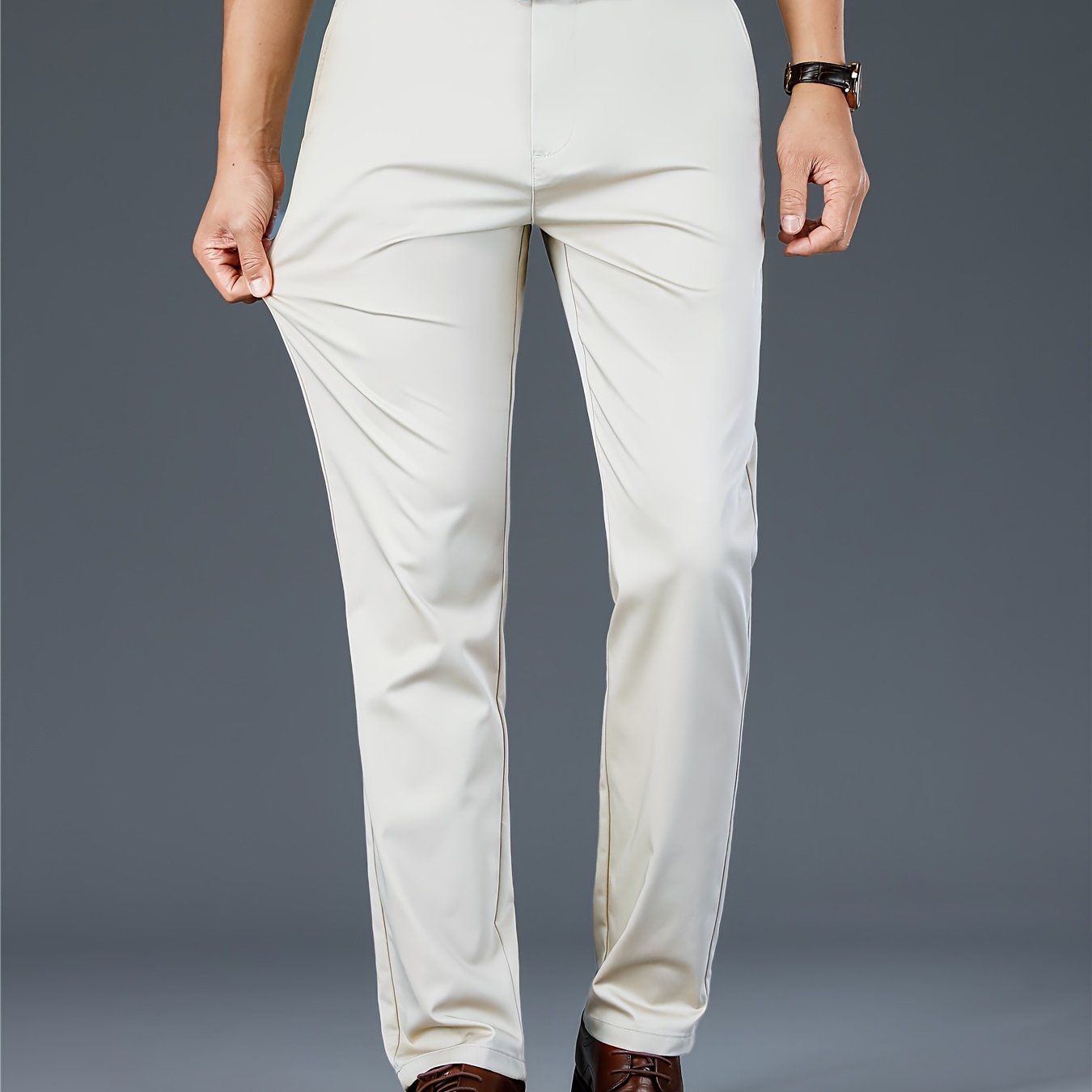 [Durable Build] Men's All-Season Casual Dress Pants - Business Style Stretch Trousers, Comfortable Classic Design, Light Brown Polyester Blend, Machine Washable, Smooth Finish, Regular Fit for Office or Leisure Wear